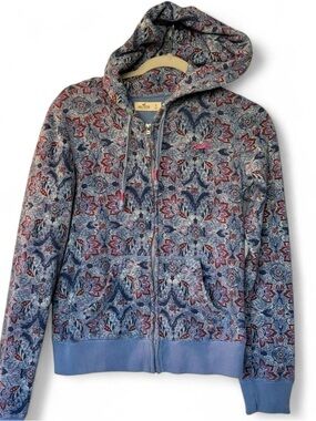 Hollister Blue Paisley Zip Hoodie Jacket with Red Accents